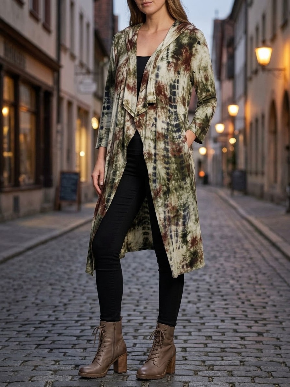 COIN 1804 Women’s Tie-Dye Maxi Cardigan- Olive/Black/Burgundy. Size L
